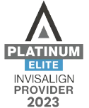 Invisalign Platinum Elite Provider 2023 badge — recognition of D. Dentist’s expertise in clear aligner treatments.