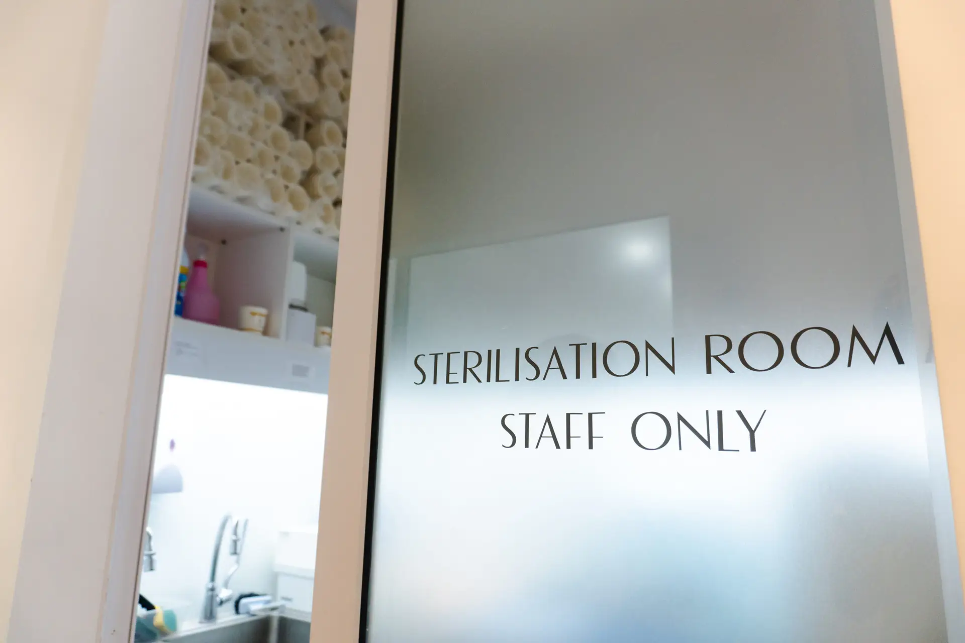 Sterilisation room front door in D Dentist's Third Mile branch in Kuching.